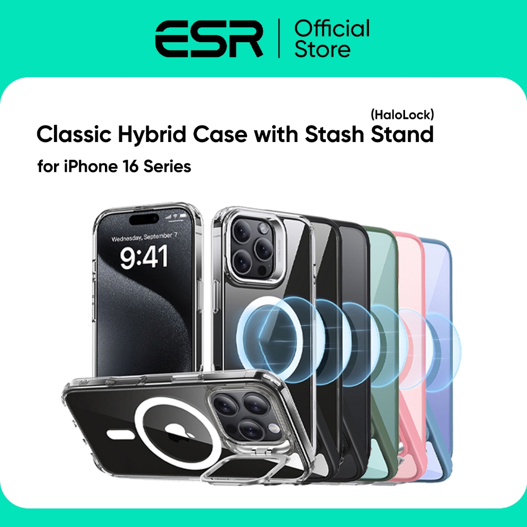 ESR เคสสำหรับ iPhone 16 / 16 Plus / 16 Pro / 16 Pro Max - รุ่น Classic Hybrid Case with Stash Stand (HaloLock)
