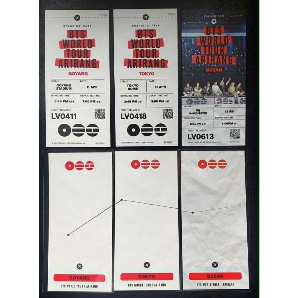 BTS WORLD TOUR ARIRANG บัตรสะสม โปสการ์ด ด้านหลังเป็นเส้นทางการบินทัวร์ นำมาต่อกันได้ มีทั้งหมด5ลาย  จากเมเจอร์  และSF