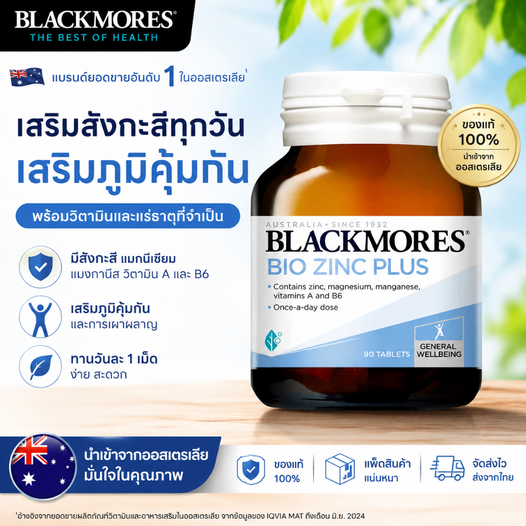 Blackmores Bio Zinc Plus 90 เม็ด ซิงค์วิตามิน เสริมภูมิคุ้มกัน ผิวใส ลดสิว บำรุงผมและเล็บ วิตามิน A B6 MagnesiumEXP.2028