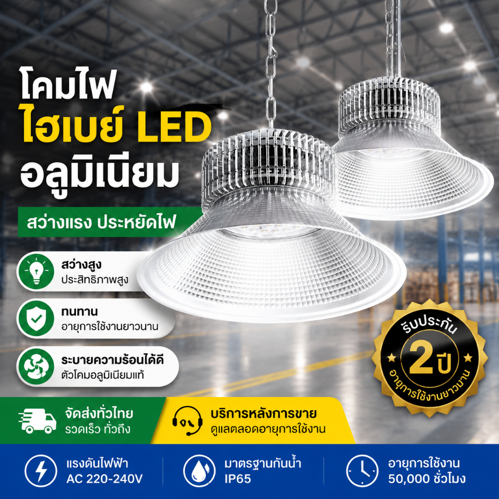 โคมไฟโรงงาน โคมไฟไฮเบย์ ไฮเบย์ High Bay Light โคมไฟโรงงาน มีรับประกันสินค้า แสงสีขาว 6500K white light