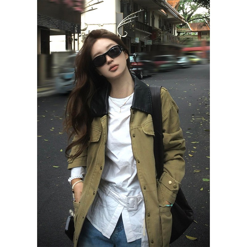 【xxavc825h0】เสื้อแจ็กเก็ตบอมเบอร์สไตล์อเมริกันใหม่สำหรับผู้หญิง เสื้อทำงานทรงเข้ารูปแบบปกสีตัดกัน