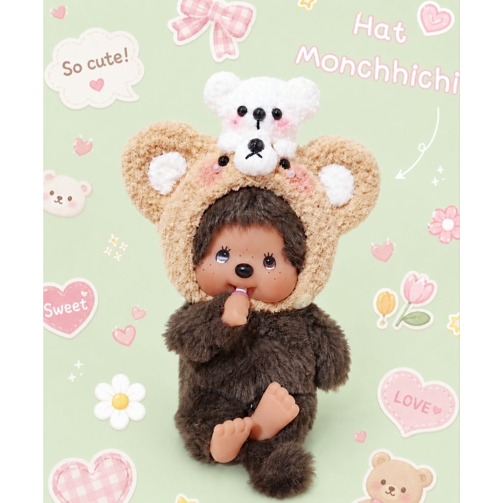 หมวกถักสำหรับใส่ Monchhichi 2 #ม่อนชิชิ#หมวกชุดม่อนชิชิ