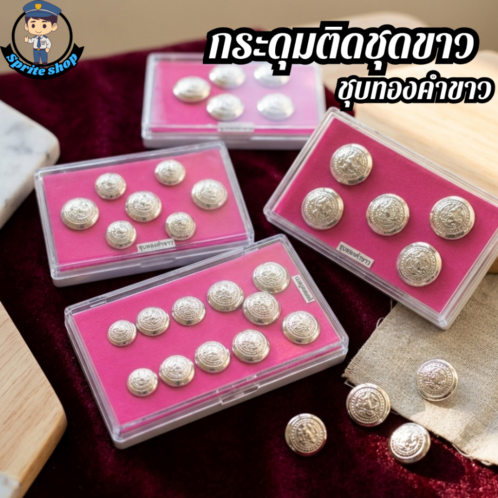 กระดุมชุดขาว กระดุมตร. กระดุมติดชุดคอแบะ แบบ 5 เม็ด 7 เม็ด 11 เม็ด งานชุบทองคำขาว พร้อมกล่องใส่