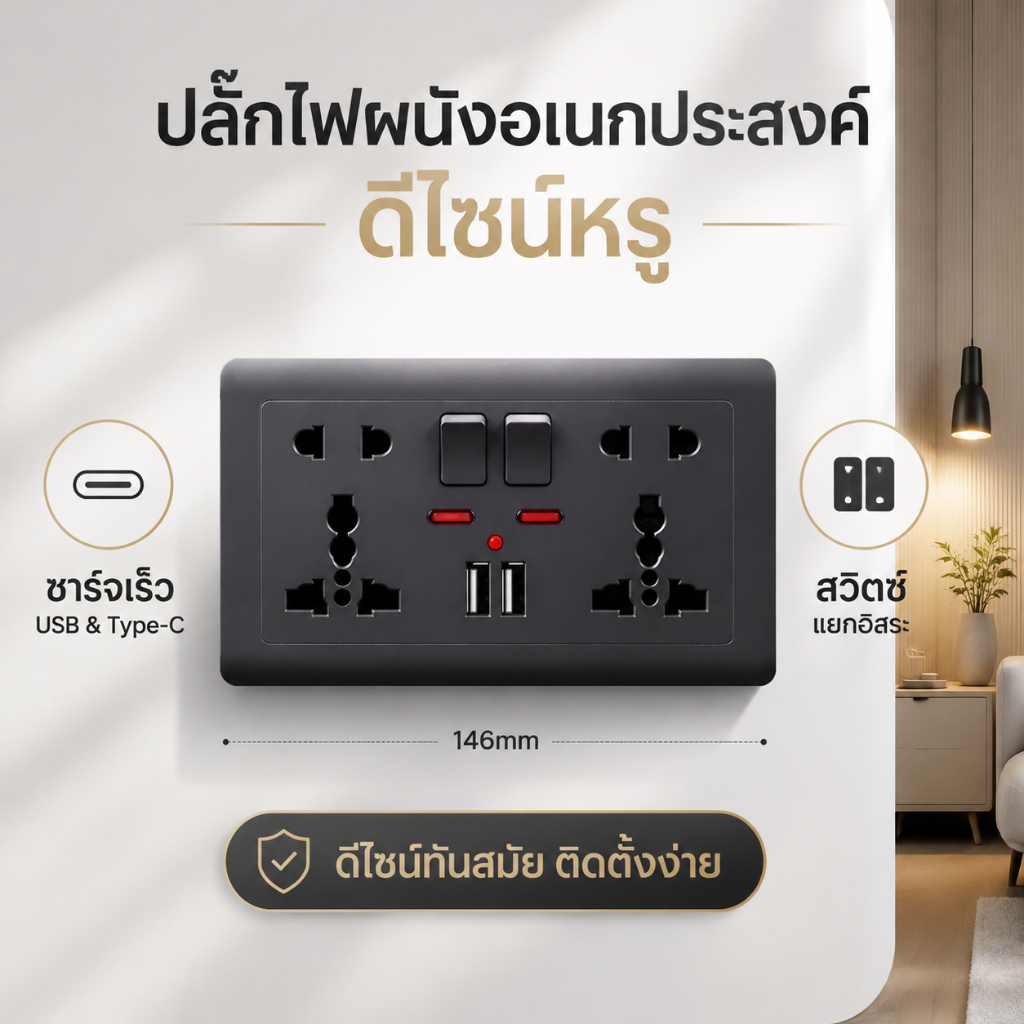 เต้ารับผนังมีสวิตช์ ขนาด146 วัสดุPCคงทน มีปลั๊กห้ารูสองด้าน มาพร้อมช่องชาร์จ USB Type-C ติดตั้งง่ายใช้งานคุ้มค่า