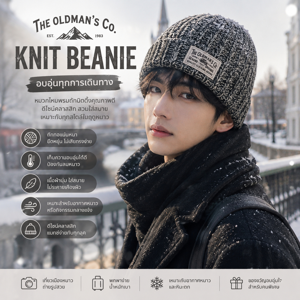 หมวกไหมพรม Oldman's หมวกบีนนี่ หมวกผ้า ถักหนาขอบพับ สไตล์วินเทจ กันหนาว ใส่ได้ทั้งชายและหญิง