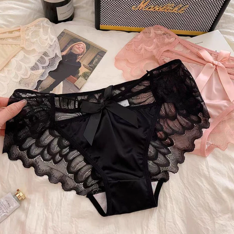 M-XL💞กางเกงชั้นในผู้หญิง กางเกงชั้นในลูกไม้ เป้าผ้าฝ้าย แต่งโบว์ สวมใส่สบาย ระบายอากาศได้ดี เอวยางยืด ขากางเกงเข้ารูป