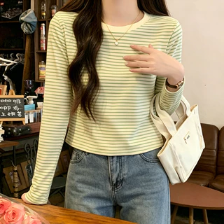 Beryl เสื้อยืดแขนยาวลายทางสำหรับผู้หญิง ดีไซน์เรียบง่าย สไตล์ลำลอง เสื้อคอกลมย้อนยุค ผสานสีสันตัดสี สไตล์เกาหลี จับคู่ได