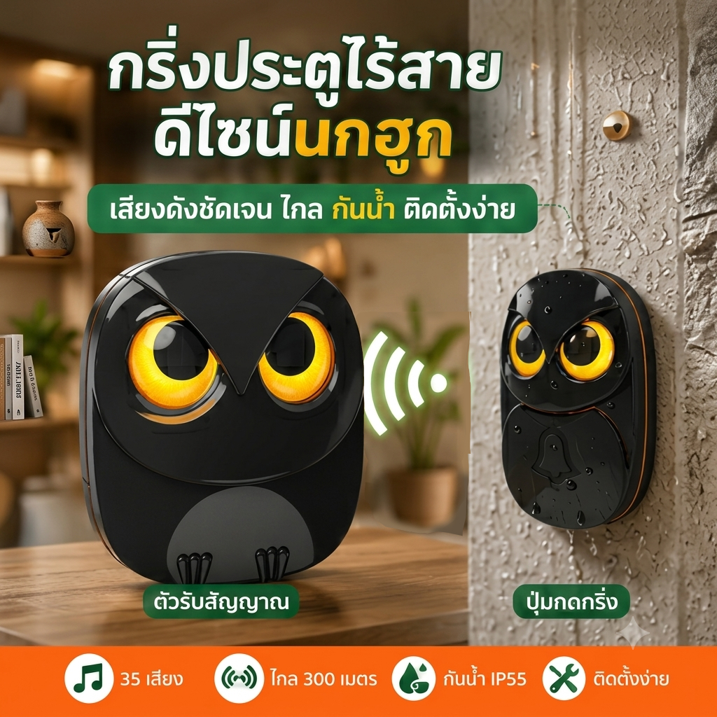 ChunHee กระดิ่งประตูไร้สาย รูปนกฮูกน่ารัก กันน้ำได้มาตรฐาน IP55 ปรับระดับเสียงได้ 4 ระดับ ระยะสัญญาณไร้สายยาว 1000 ฟุต ร