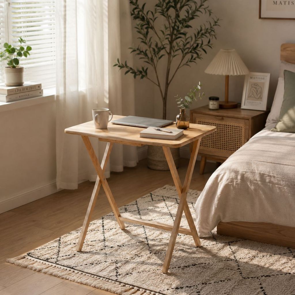 PJ wood โต๊ะไม้พับได้ โต๊ะทำงานมินิมอล โต๊ะวางของอเนกประสงค์ Large Foldable Rubberwood Tray Table