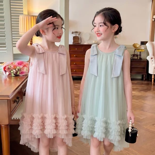 1-11 ปี ชุดเดรสเด็กผู้หญิง สไตล์เกาหลี แขนกุด ประดับด้วยโบว์ ผ้าทูลล์ านุ่มใสสบายฯ กระโปรงสาวฤดูร้อน