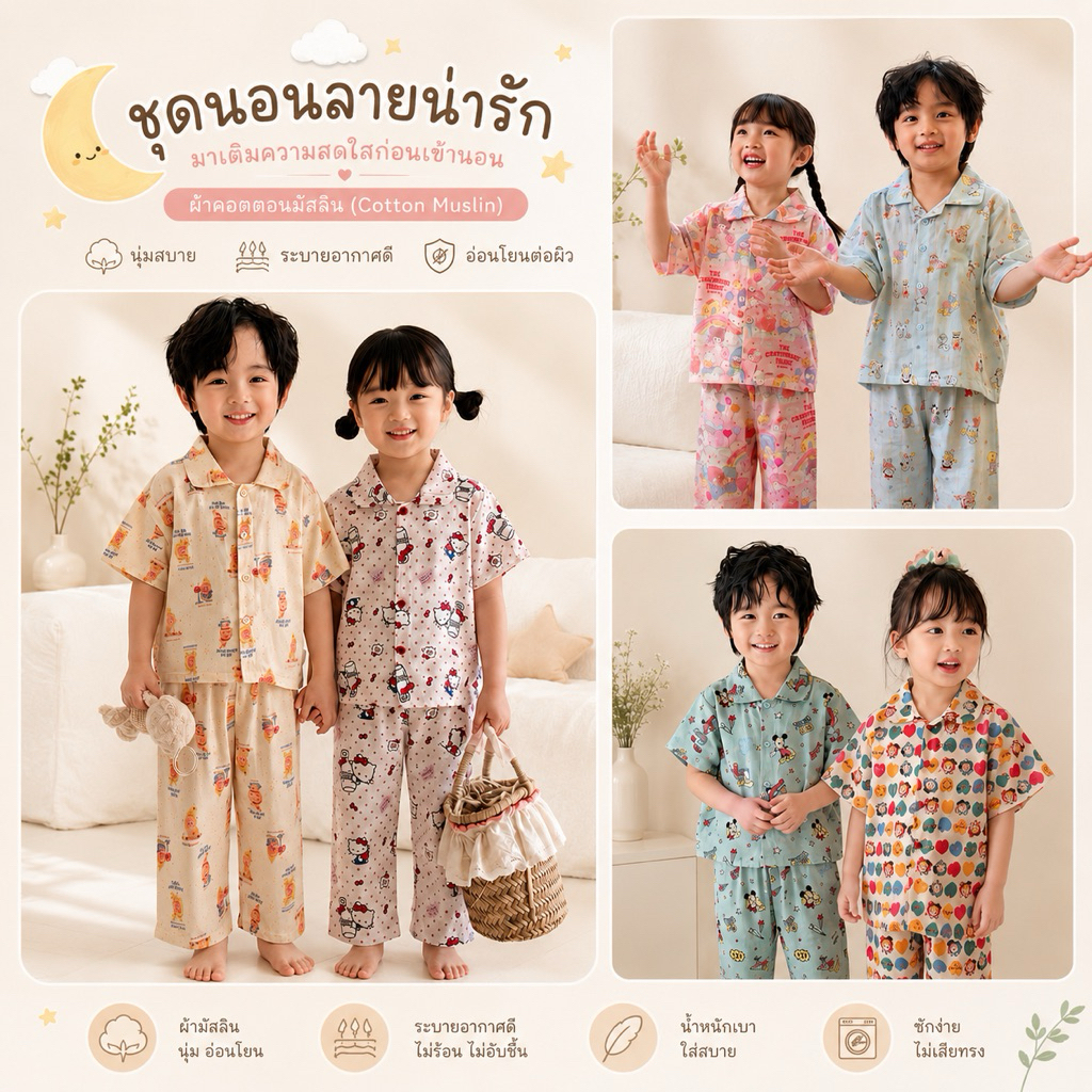 ชุดนอนเด็กลายน่ารักๆ ผ้าคอตตอนมัสลิน (Cotton Muslin)