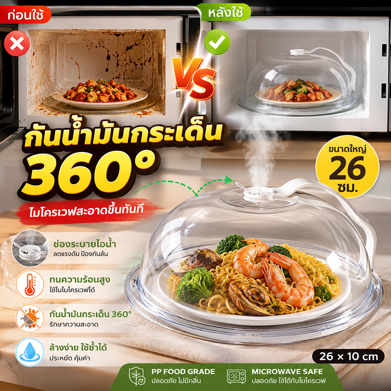 ฝาปิดไมโครเวฟ ฝาครอบอาหาร เข้าไมโครเวฟได้ กันน้ำมันกระเด็น ทนร้อน มีช่องระบายไอน้ำ