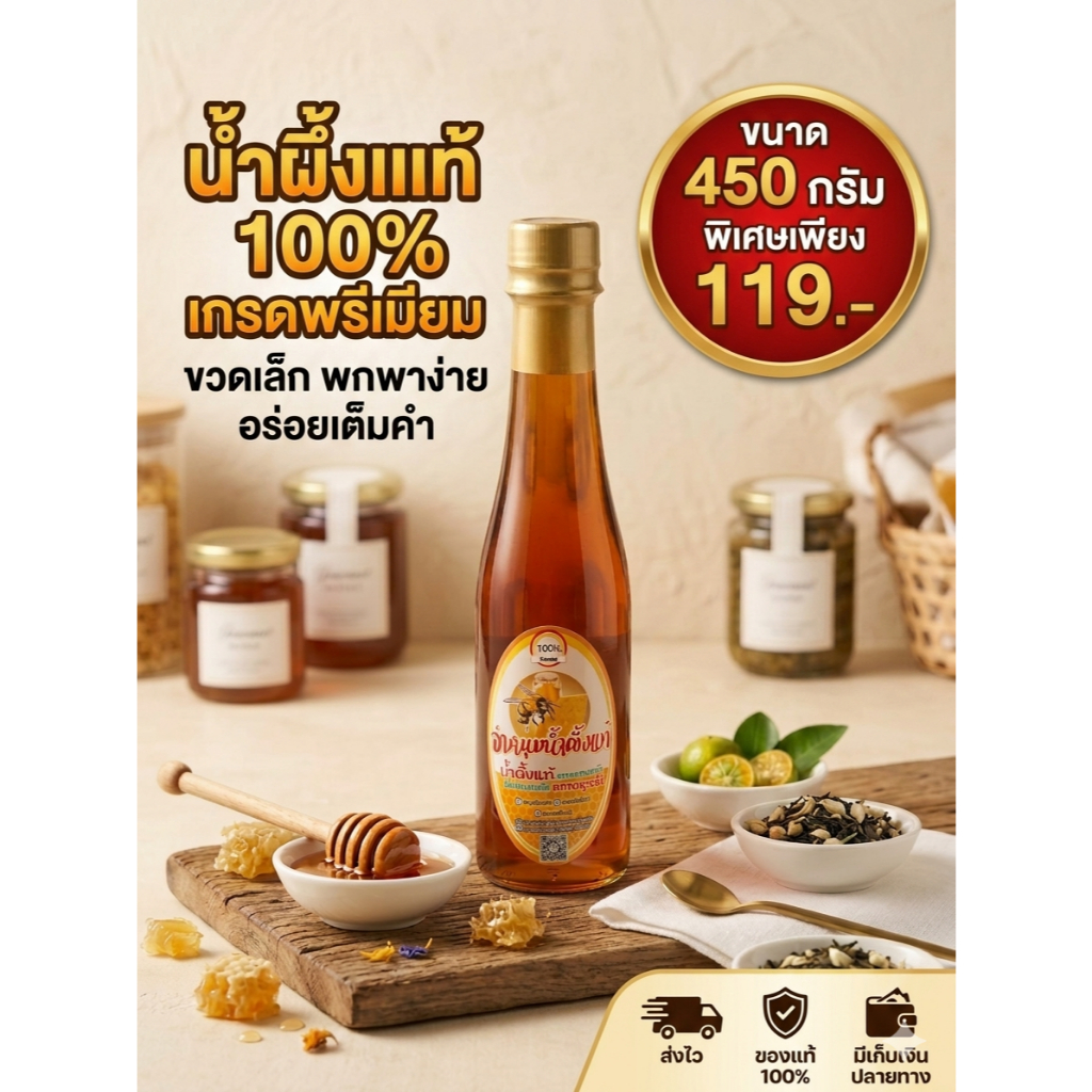 น้ำผึ้งแท้ 100% เกรดส่งออกเกาหลี (ชั่งเต็ม 1 กิโลกรัม) จากฟาร์มธรรมชาติ น้ำผึ้งดอกลำไย / ดอกไม้ป่า ขวด PET ไม่แตกหัก