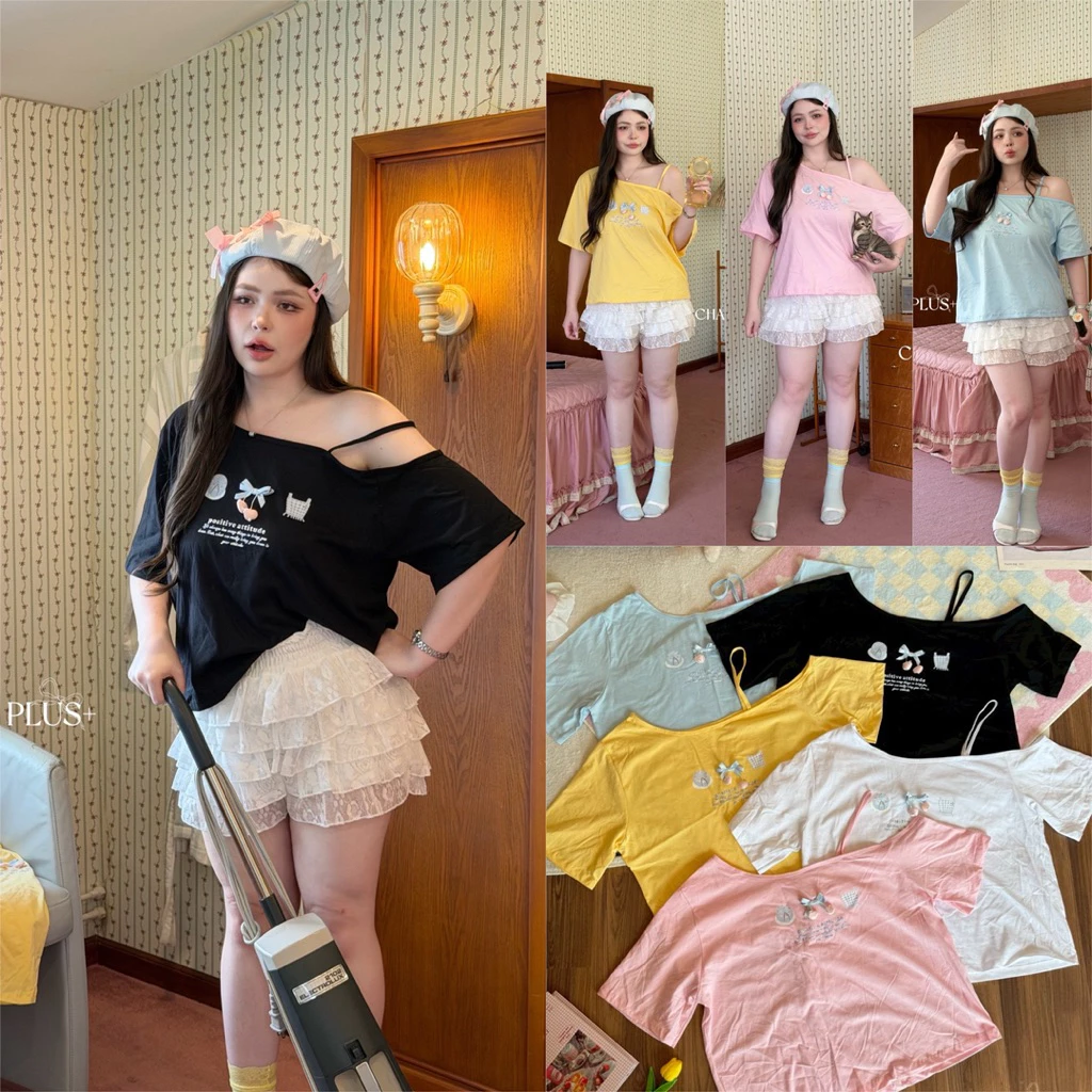 (LD) เสื้อปาดไหล่แขนสั้น สกรีนอกแต่งอะไหล่เชอรี่ น่ารัก กุ้กกิ้ก ผ้าคอตตอน น่ารักมากๆ เสื้อผ้าสาวอวบอ้วน ไซส์ใหญ่