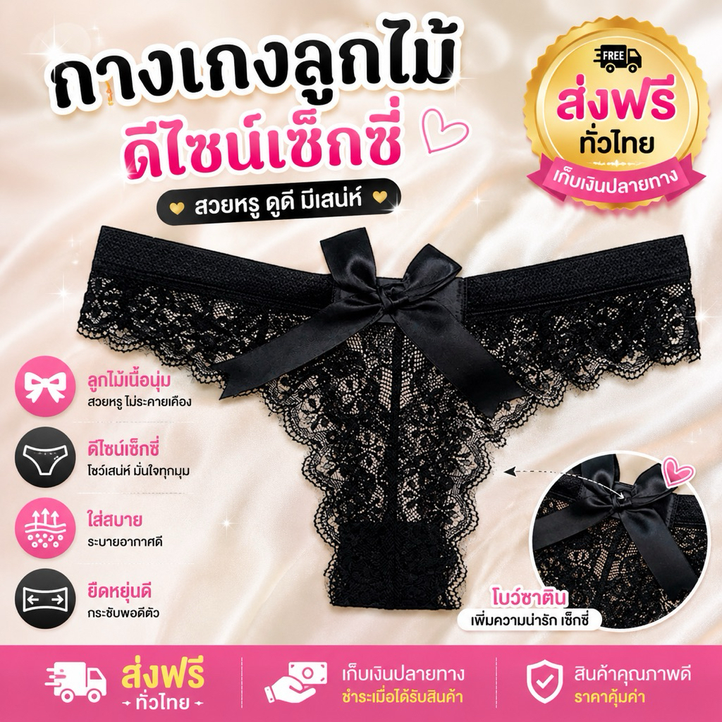 PrettyLady Shop（002）กางเกงชั้นในจีสตริง โบว์ที่ด้านหลัง ลูกไม้ เซ็กซี่