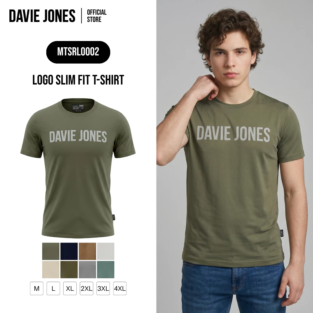 DAVIE JONES [BE FEARLESS] เสื้อยืด Logo Slim Fit T-Shirt สีเขียว กรม น้ำตาล ครีม กากี เขียวขี้ม้า เทา เขียวอมเทา RL0002