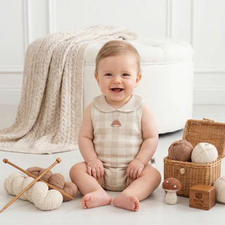 Snow Owl Gingham ชุดเอี๊ยมไหมพรม จากใยไผ่นุ่มๆ 100% Gentle Bamboo Knit Baby Overalls