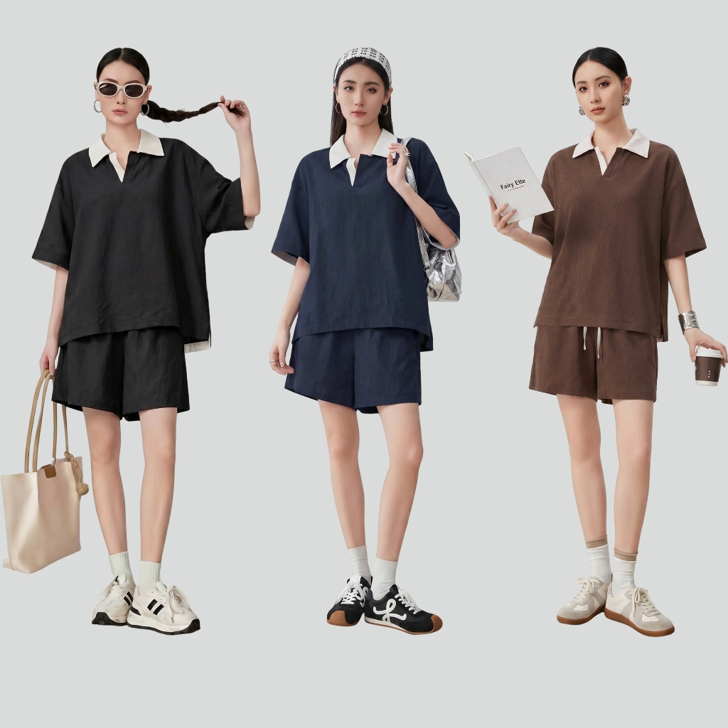 B&R พร้อมส่ง ชุดเสื้อโปโลแขนสั้นหลวม กางเกงขาสั้น 2 ชิ้น ผ้าบางเบาเหมาะกับอากาศเมืองไทย สไตล์สปอร์ต-ลำลอง ใส่สบายดูผอม