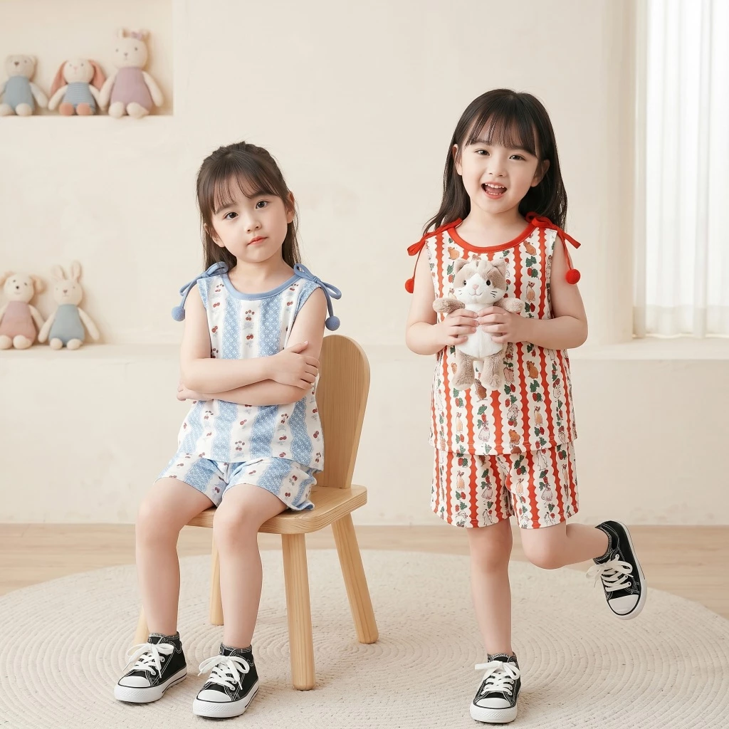 เสื้อ+กางเกง ชุด2ชิ้น เสื้อ กางเกง น้องกระต่าย ชุดฤดูร้อน เด็กผู้หญิง พิมพ์ลายดอกไม้และลูกไม้ สต๊อก จัดส่งเร็ว