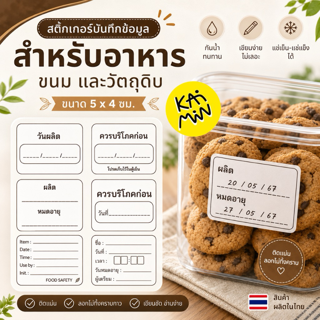 [แพ็ค 100ชิ้น] สติกเกอร์ป้ายกำกับอาหาร 5x4 ซม. วันหมดอายุ วัตถุดิบ สำหรับร้านอาหาร ร้านขนม จัดระเบียบครัว FIFO