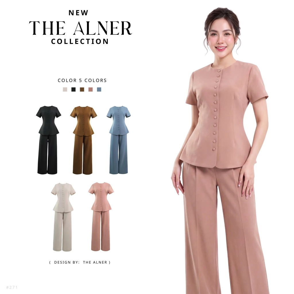 Thealner-AN271 (เซตเสื้อคอกลมแต่งกระดุมหน้า กก.ขายาว)