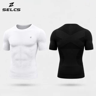 SELCS เสื้อยืดกระชับรูปร่างผู้ชาย,เสื้อฟิตซับหน้าท้อง,ผู้ชายร่างกาย Shaper เสื้อบีบอัด,X-Back พยุงหลัง เหมาะวิ่ง ฟิตเนส