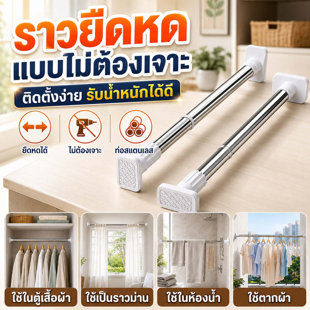【ชดเชยถ้าหล่น】ราวแขวนผ้ายืดหดได้ ไม่ต้องเจาะผนัง ปรับความยาวได้หลากหลาย ป้องกันสนิม ทนต่อการสึกหรอ หนาและกว้างขึ้น ทนทาน