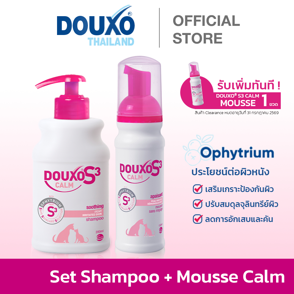 [SET คู่] แชมพูและมูสสำหรับสุนัขและแมว สูตรผิวแพ้ง่าย Douxo Calm Shampoo + Mousse (Expire 9/2026 & 8/2026)