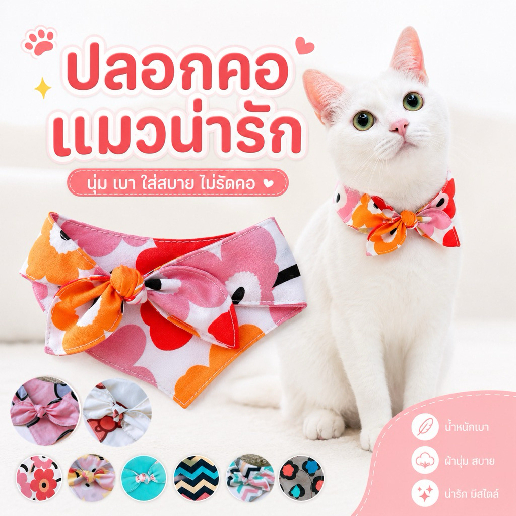 ปลอกคอแมวผ้าผูกโบว์น่ารัก สไตล์ญี่ปุ่น ใส่สบาย ไม่รัดคอน้องๆ เพิ่มความคาวาอิ 100%