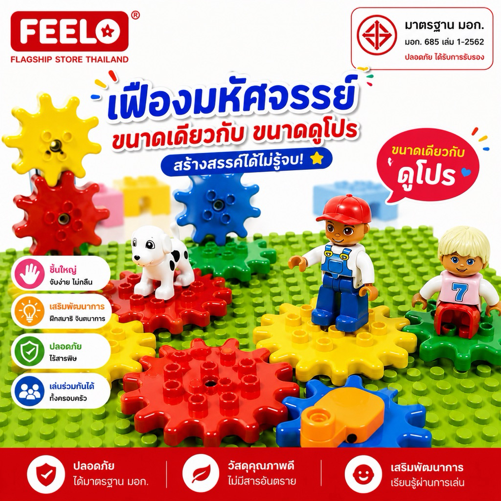 FEELO ของเล่นตัวต่อ ชุดเฟืองหมุนมหัศจรรย์ ขนาดเดียวกับดูโปร ของเล่นฝึกทักษะ