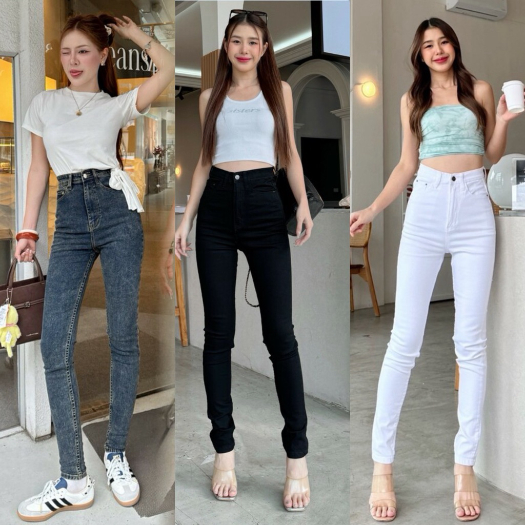 S~3XL กางเกงยีนส์ขาเดฟผ้ายืดเอวสูงปรี๊ดผ้าซาร่า