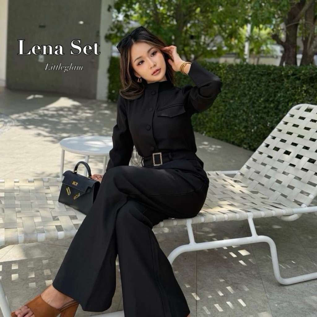 Lena Set : ชุดเซ็ต 3 ชิ้นแขนยาว กางเกง+เสื้อ กระเป๋าจริงแถมเข็มขัดทอง