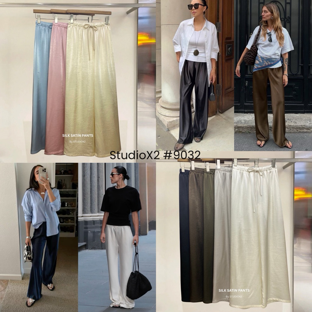 🔖StudioX2 #9032 SILKSATIN TROUSERS กางเกงซาตินขอบเอวยาง มีเชือกผูกเอว ผ้าเนื้อหนากลางๆ ผ้านุ่มทิ้งต้ว ใส่สบายไม่ร้อน