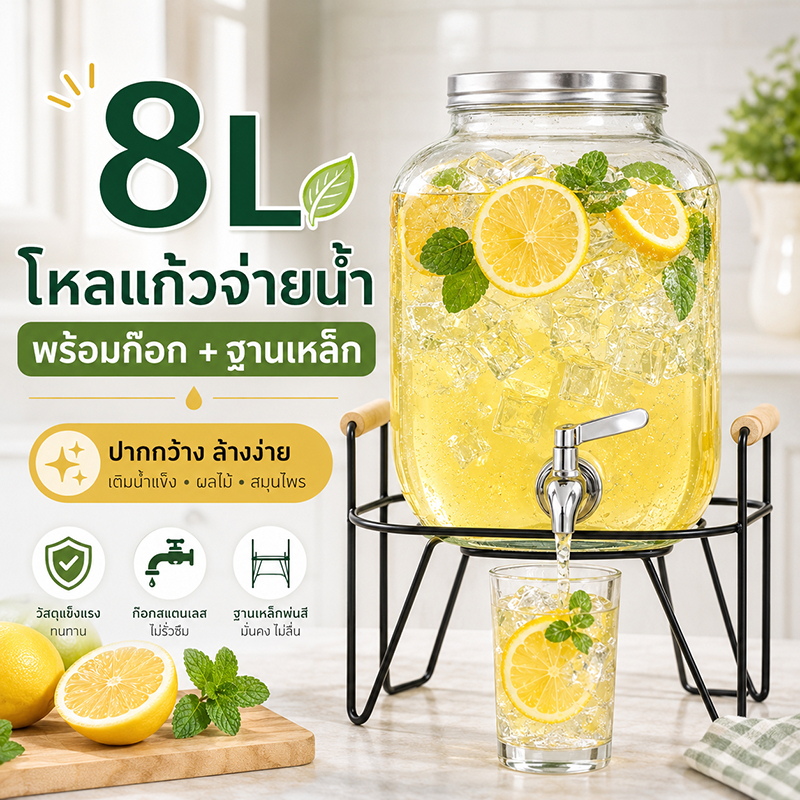 โถจ่ายน้ำหวาน 8L 8 ลิตร โหลแก้วจ่ายน้ำ พร้อมก๊อก ฐานเหล็ก ปากกว้าง ล้างง่าย น้ำผลไม้ น้ำหวาน คาเฟ่ ร้านอาหาร ปาร์ตี้