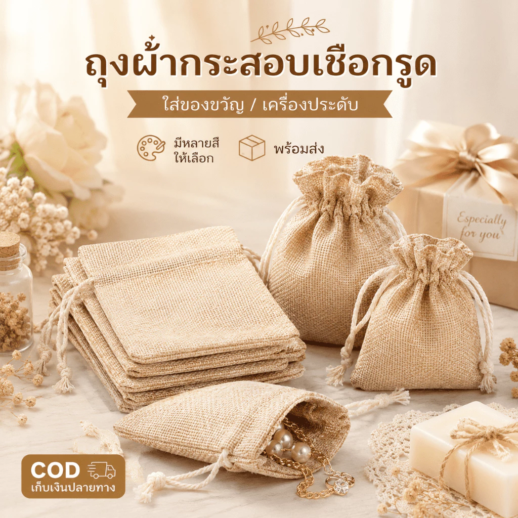 🎁 ถุงผ้าลินินหูรูด 10 ชิ้น ถุงผ้าเชือกรูดใส่ของขวัญ เครื่องประดับ ของชำร่วย งานแต่ง DIY แพ็คสินค้า พร้อมส่ง