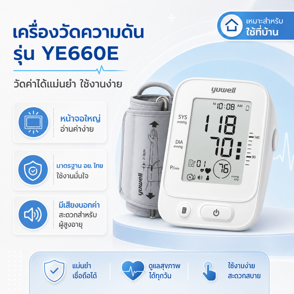 [ของแท้] Yuwell เครื่องวัดความดัน รุ่น YE660E เครื่องวัดความดันโลหิตดิจิตอล มีเสียงพูดภาษาไทย หน้าจอใหญ่ เหมาะสำหรั