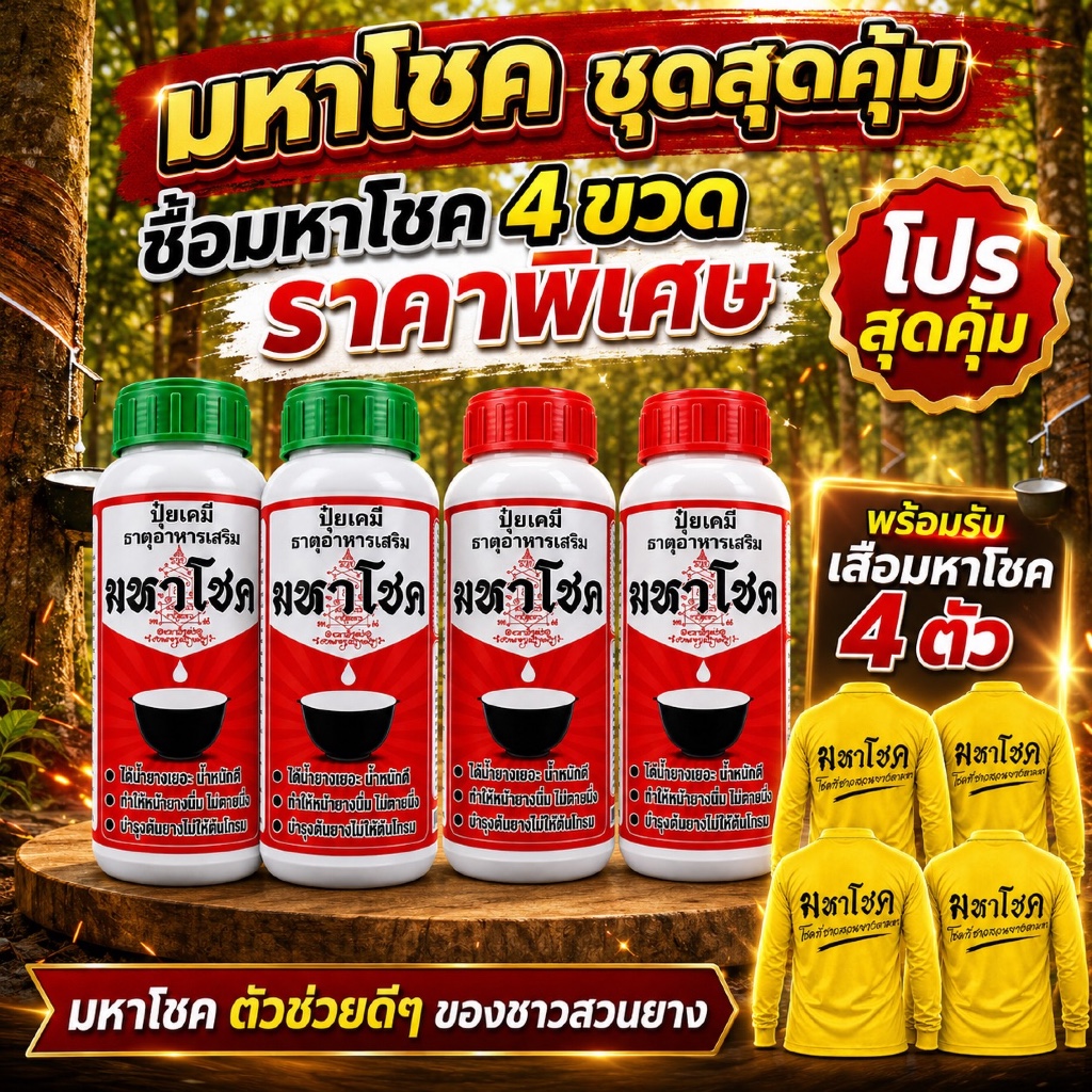 ยกชุด 4 สุดคุ้ม !! มหาโชค 500 ซีซี / 1000 ซีซี ตัวช่วยยางพารา หน้ายางนิ่ม กรีดง่าย เพิ่มน้ำยางพารา รักษาโรค บำรุงต้นยาง
