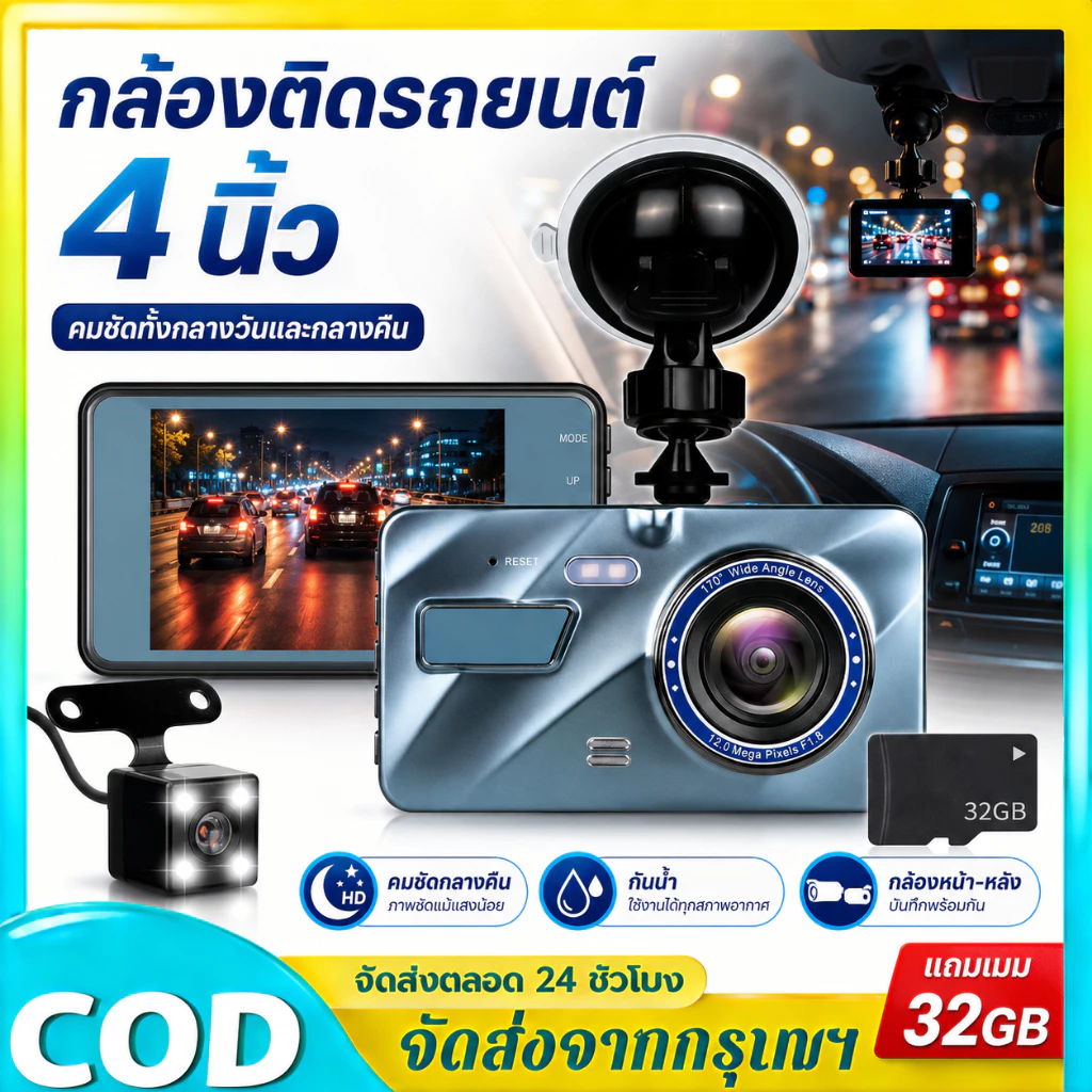 【พร้อมส่ง】กล้องติดรถยนต์ 2กล้อง หน้า+หลัง Full HD WDR 4.0" IPS screen 1296P ชัดในโหมดกลางคืน ของแท้ 100% Car Camera