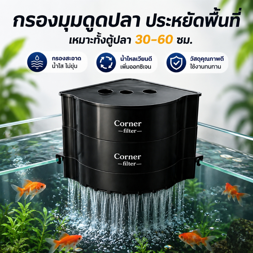 กรองมุมตู้ปลา กรองน้ำตู้ปลา ประหยัดพื้นที่ เพิ่มออกซิเจน น้ำใส ติดตั้งง่าย สำหรับตู้ปลา 30-60 ซม.