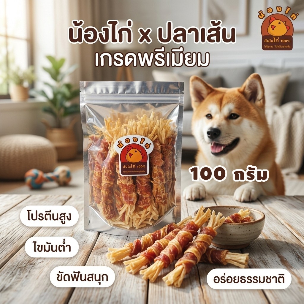 ไก่พันทาโร่ ขนาด 100 กรัม By Nongkai ( ขนมสุนัข , ไก่พันปลาเส้น , สันในไก่พันปลาเส้น )