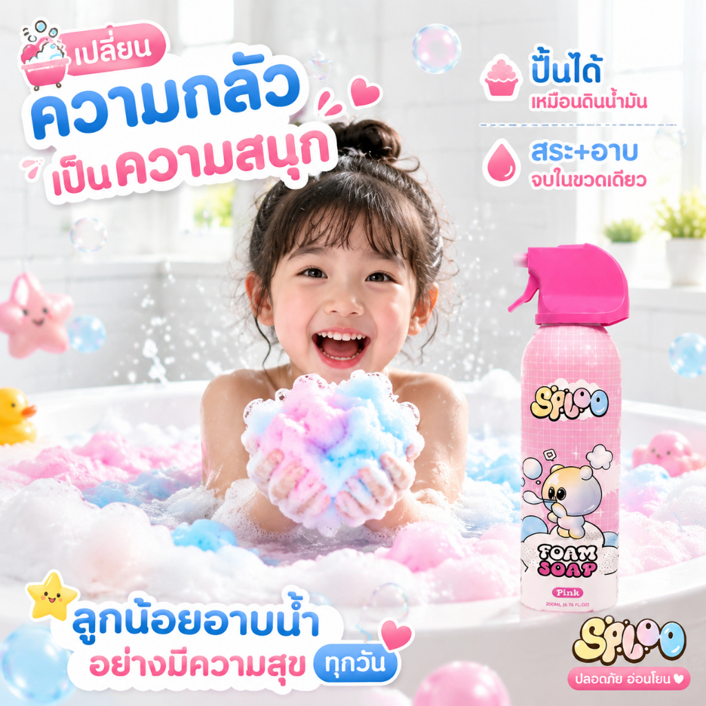 SPLOO บับเบิ้ลโฟมอาบน้ำเด็กเนื้อนุ่มอ่อนโยน ไม่ระคายเคืองผิว ปั้นเล่นได้สนุกสนาน มีกลิ่นหอมผลไม้ 3 กลิ่นให้เลือก