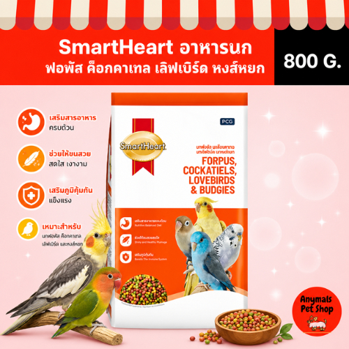 (ขนาด 800g.) อาหารนก SmartHeart สำหรับนกฟอพัส ค็อกคาเทล เลิฟเบิร์ด และหงส์หยก สำหรับนกแก้วขนาดเล็ก โภชนาการครบถ้วน