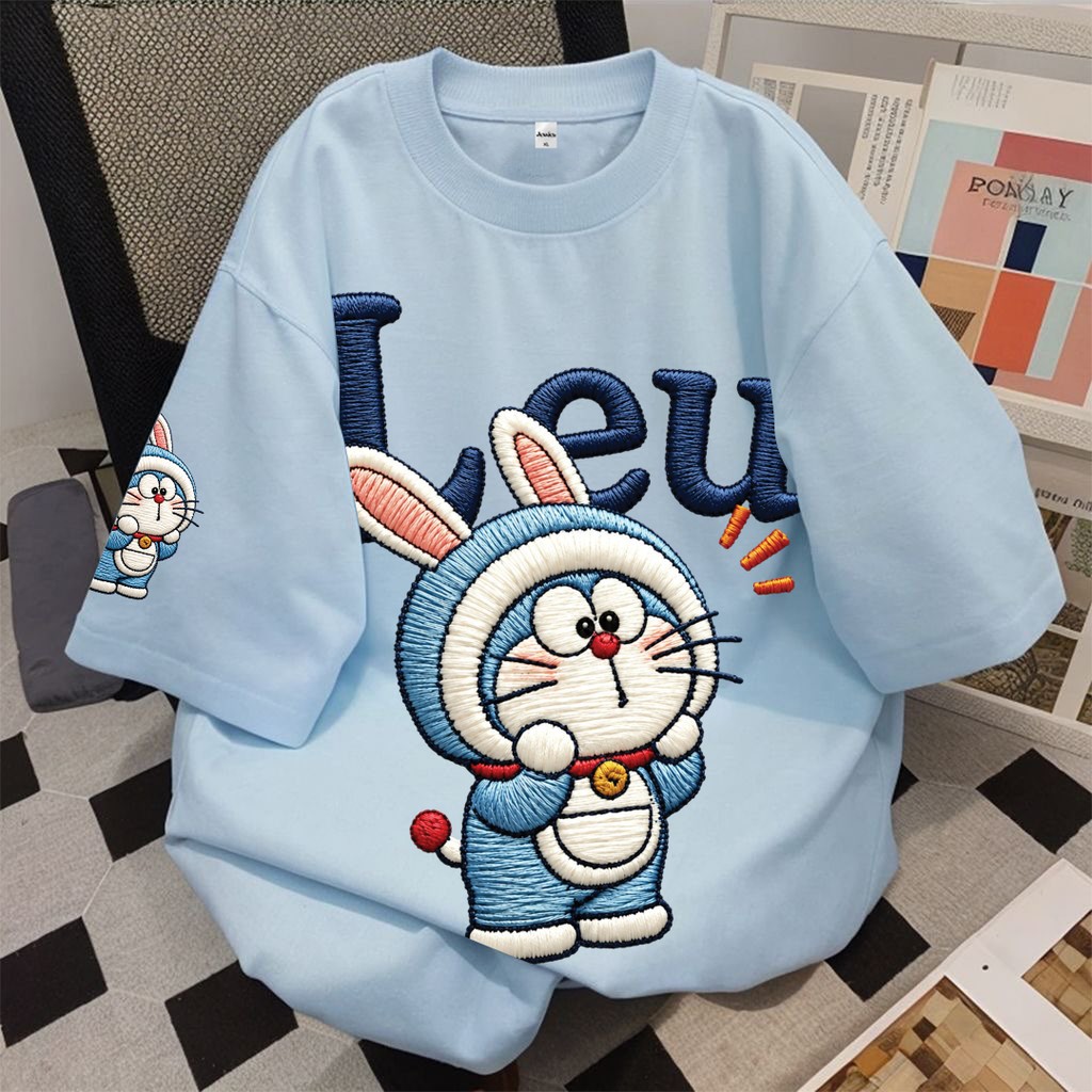 เสื้อคลุมแขนสั้น ลายการ์ตูนแมวดาวเหนือ สไตล์เกาหลี สีฟ้าอ่อน ผู้หญิง ผู้ชาย ใส่สบาย 6.17