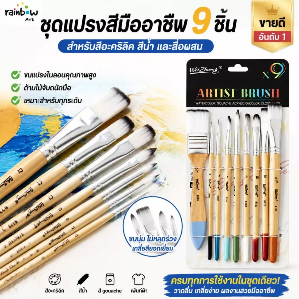 ชุดแปรงสีมืออาชีพ 9 ชิ้น ชุดจิตรกรรมศิลปิน พู่กันไนลอน พู่กันสีอะคริลิค เหมาะสำหรับเด็ก นักเรียน Paint Brushes
