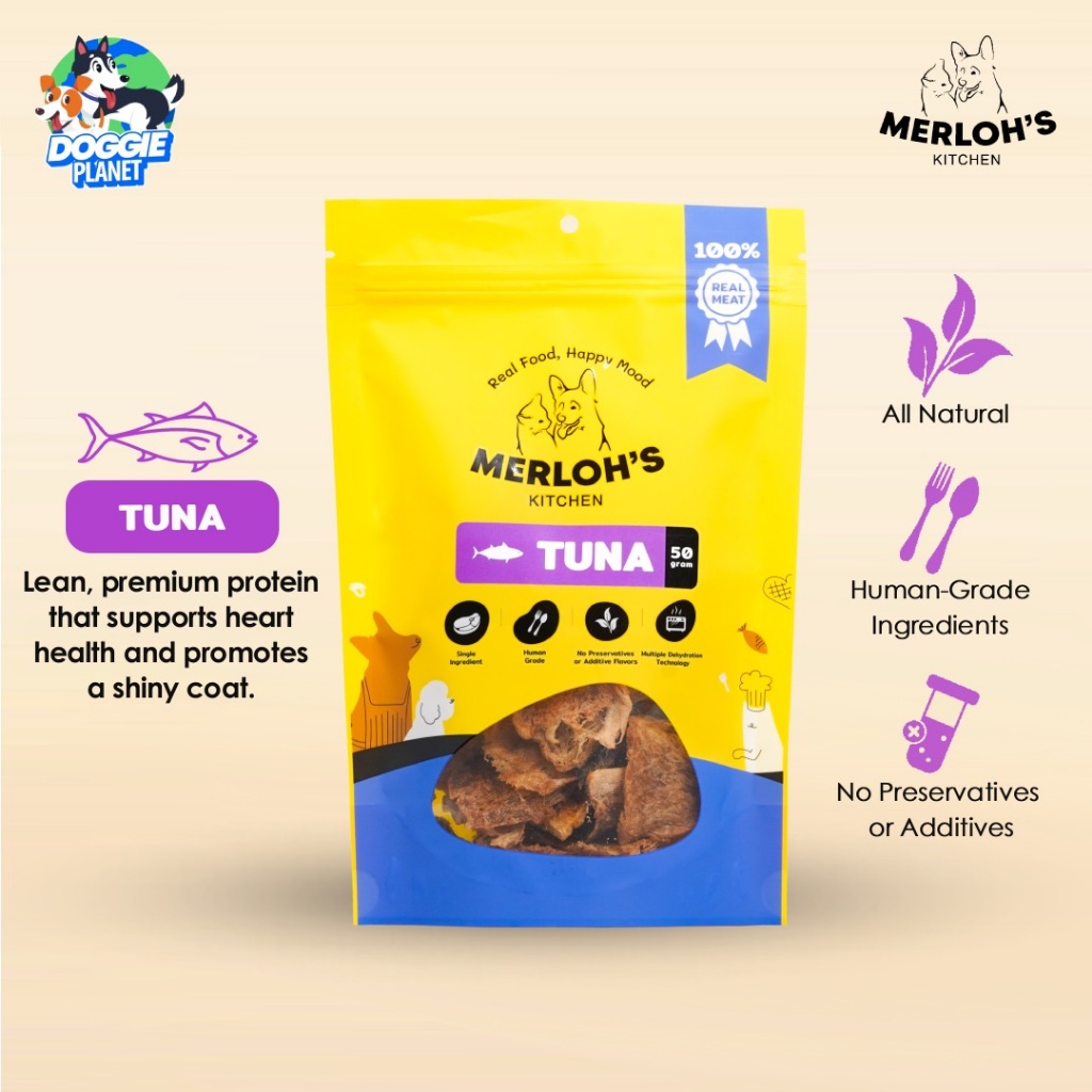 Merloh's Kitchen Tuna ปลาทูน่าอบแห้ง ขนมสุนัข ขนมแมว ย่อยง่าย ไขมันต่ำ โปรตีนสูง 50 g