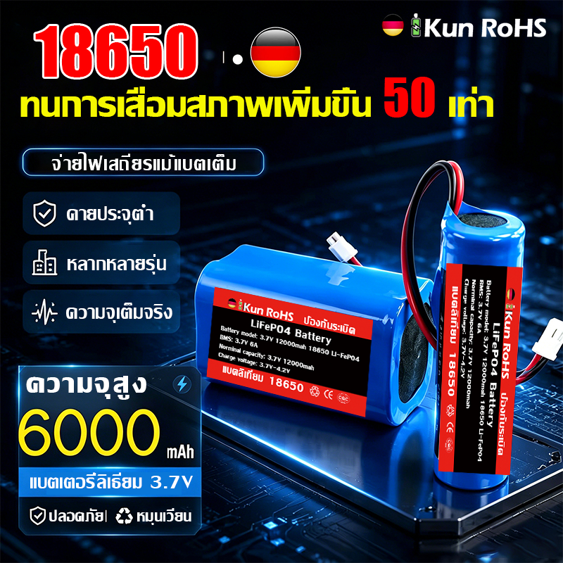 👍ทนการเสื่อมสภาพเพิ่มขึ้น 50 เท่า👍 แบตเตอรี่ลิเธียม Li-ion แบตเตอรี่ 18650 3.7V 12000 mAh ถ่านชาร์จ ใช้งานได้หลากหลาย