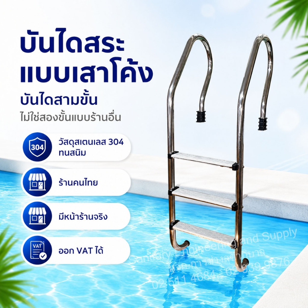 บันไดสระว่ายน้ำ สามขั้น แบบเสาโค้ง สเตนเลสทนสนิม ร้านไทย ออก VAT ได้