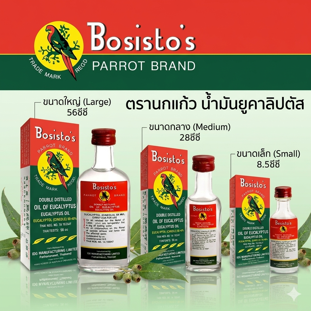 น้ำมันยูคาลิปตัส ตรานกแก้ว Bosisto โบซิสโต น้ำมันยูคาลิปตัส Eucalyptus essential oil ยูคาลิปตัส 8.5/28/56 cc