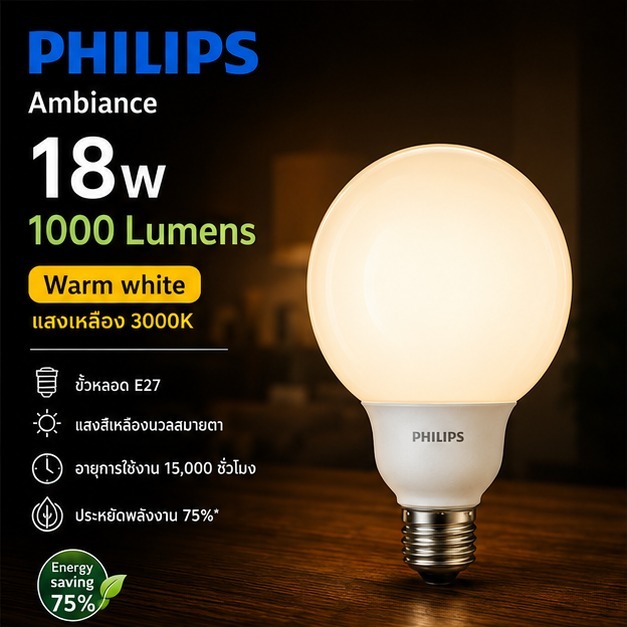 หลอดไฟ Philips Ambiance ทรงกลม Globe 18W ขั้ว E27 แสงเหลือง Warm White 3000K
