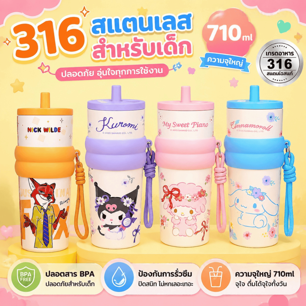 แก้วสุญญากาศสแตนเลส316 ความจุ710มล ลายการ์ตูนอนิเมะ เก็บความร้อนเย็น ป้องกันรั่ว พกพาสะดวก มีเชือกผูก สำหรับรถยนต์สำนักง